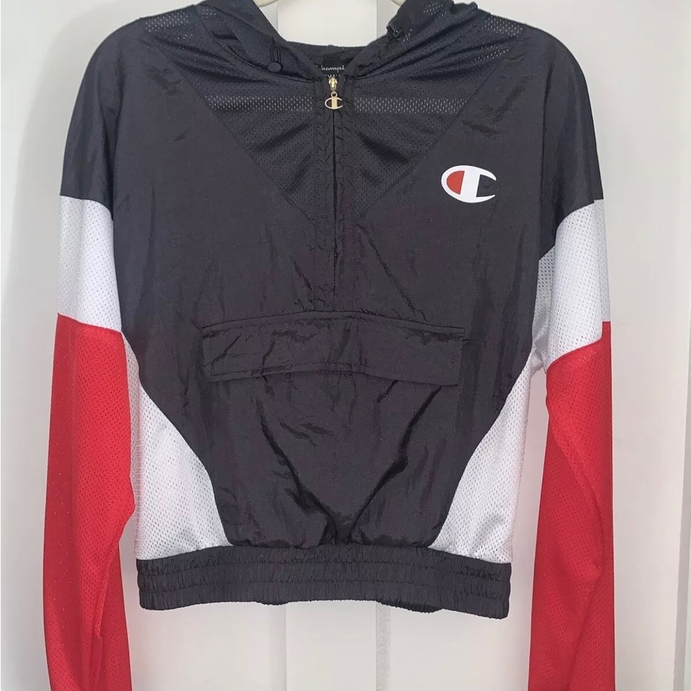 Champion Juniors Hoodie Sz S Blue Colorblock Crop Pullover Zip Mesh Lightweight